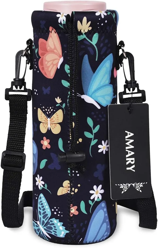 AMARY 750ML Neoprene Water Bottle Carrier Bag with Adjustable Shoulder Strap,Insulated Water Bottle Cover for Stainless Steel/Glass/Plastic Bottles 24OZ (Butterfly-2)