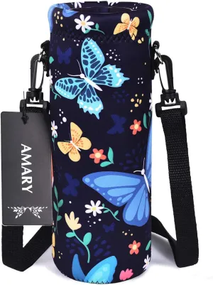 AMARY 750ML Neoprene Water Bottle Carrier Bag with Adjustable Shoulder Strap,Insulated Water Bottle Cover for Stainless Steel/Glass/Plastic Bottles 24OZ (Butterfly-2)