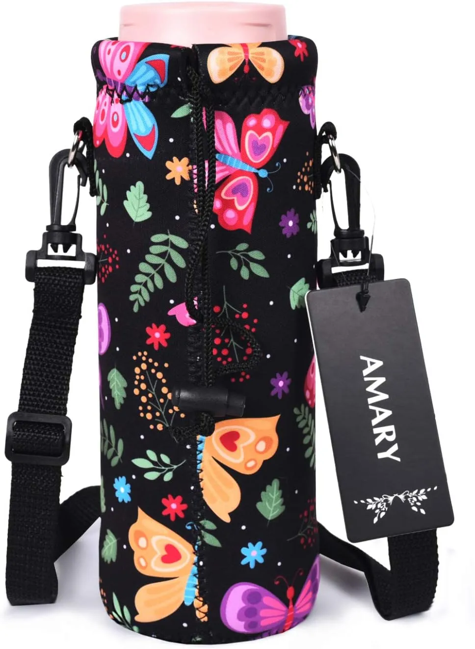 AMARY 750ML Neoprene Water Bottle Carrier Bag with Adjustable Shoulder Strap,Insulated Water Bottle Cover for Stainless Steel/Glass/Plastic Bottles 24OZ (Butterfly-3)