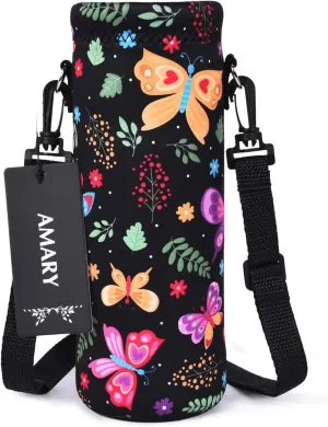 AMARY 750ML Neoprene Water Bottle Carrier Bag with Adjustable Shoulder Strap,Insulated Water Bottle Cover for Stainless Steel/Glass/Plastic Bottles 24OZ (Butterfly-3)