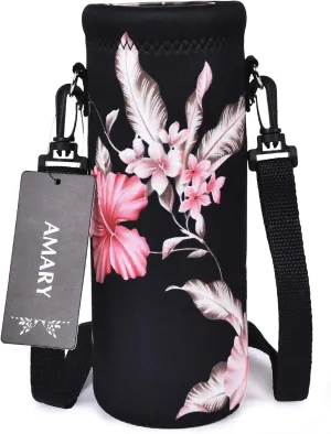 AMARY 750ML Neoprene Water Bottle Carrier Bag with Adjustable Shoulder Strap,Insulated Water Bottle Cover for Stainless Steel/Glass/Plastic Bottles 24OZ (Flowers-3)