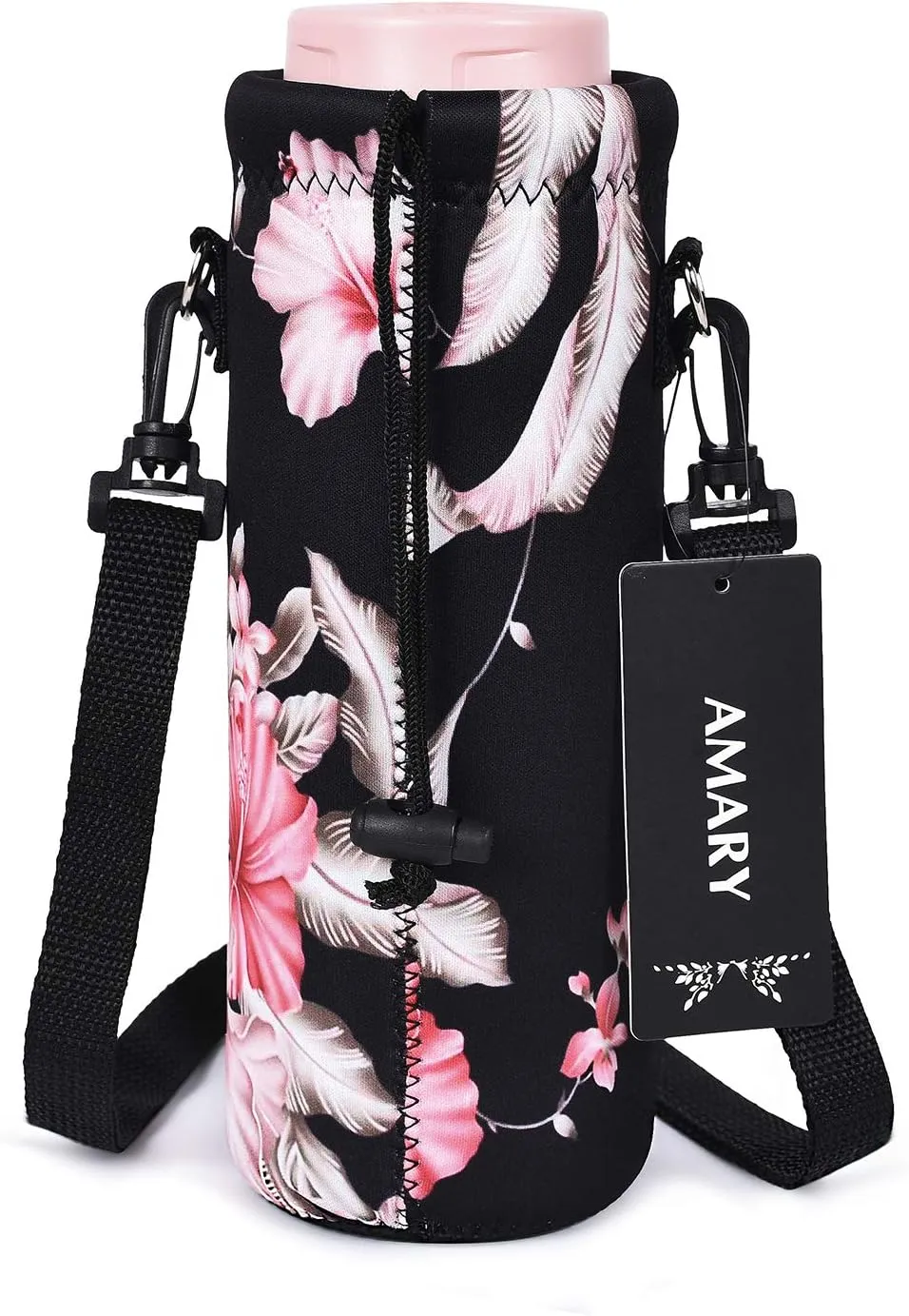 AMARY 750ML Neoprene Water Bottle Carrier Bag with Adjustable Shoulder Strap,Insulated Water Bottle Cover for Stainless Steel/Glass/Plastic Bottles 24OZ (Flowers-3)
