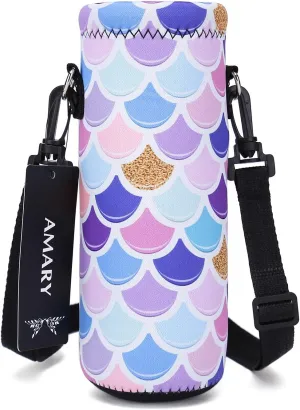 AMARY 750ML Neoprene Water Bottle Carrier Bag with Adjustable Shoulder Strap,Insulated Water Bottle Cover for Stainless Steel/Glass/Plastic Bottles 24OZ (Mermaid)