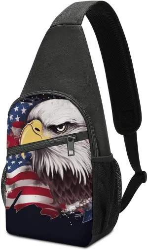 America US Flag Bald Eagle Sling Bag Lightweight Crossbody Shoulder Backpacks Hiking Travel Daypack Chest Bag for Women Men