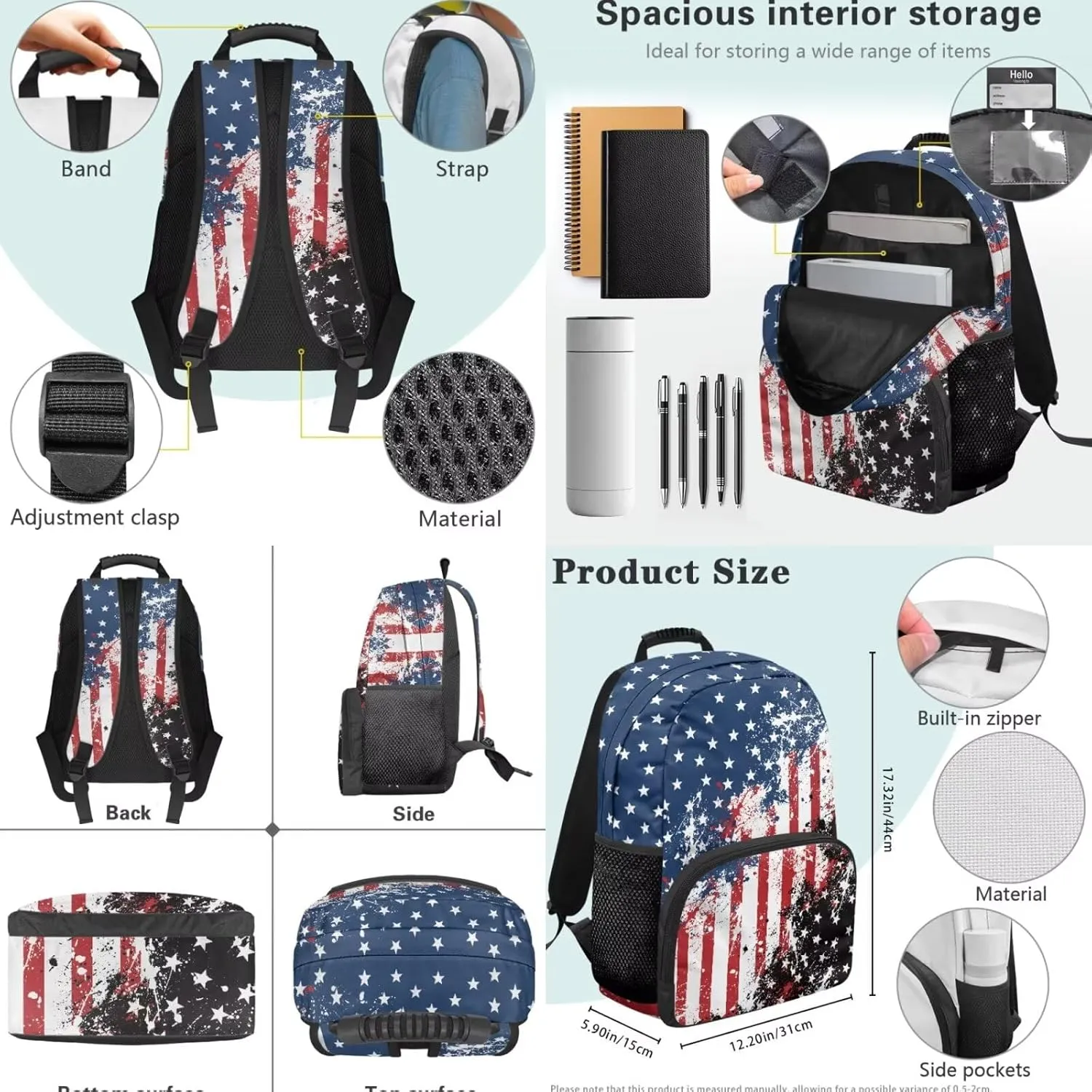 American Flag Backpack for Boys 4 Pack School Bag Rucksack with Reusable Lunch Bag Water Bottle Carrier Bag Pencil Case Set