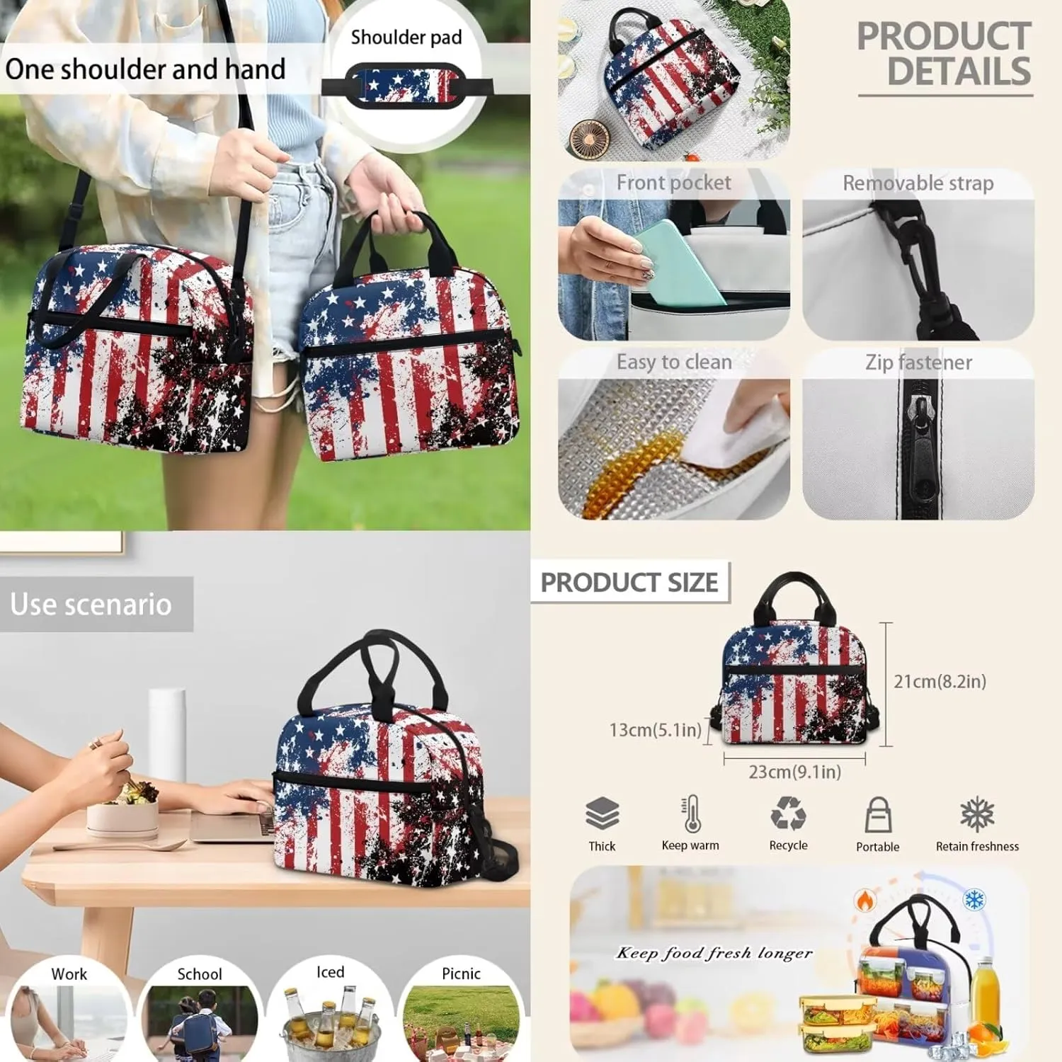 American Flag Backpack for Boys 4 Pack School Bag Rucksack with Reusable Lunch Bag Water Bottle Carrier Bag Pencil Case Set