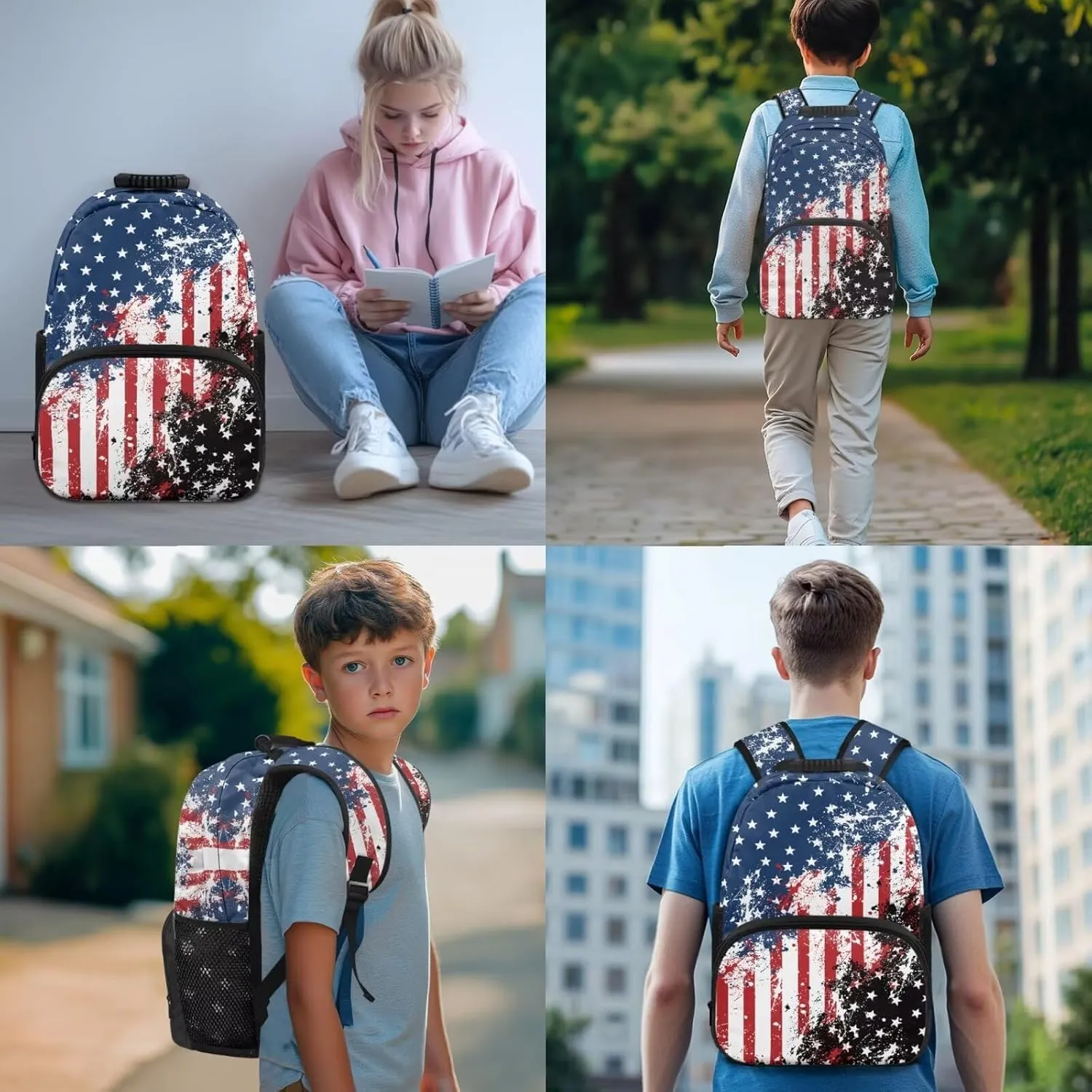 American Flag Backpack for Boys 4 Pack School Bag Rucksack with Reusable Lunch Bag Water Bottle Carrier Bag Pencil Case Set