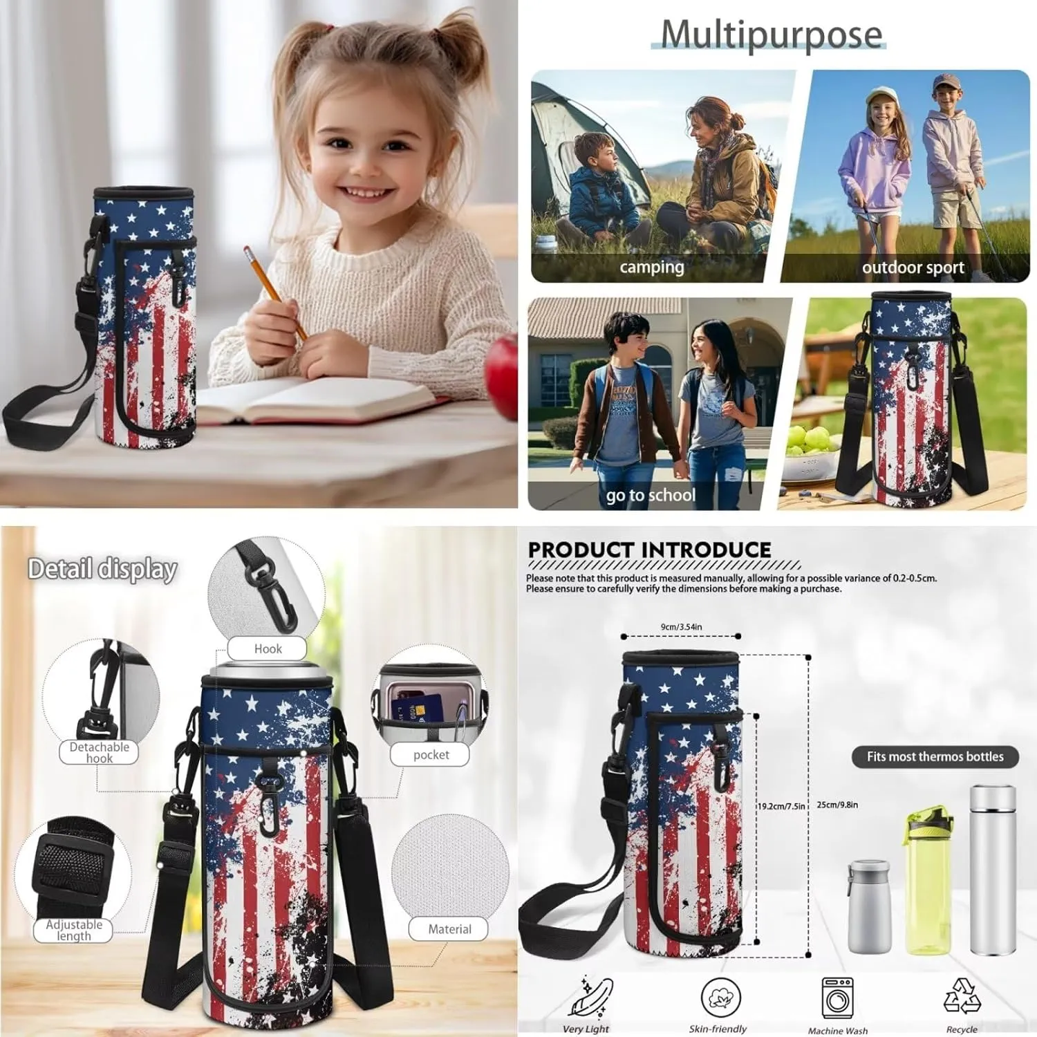 American Flag Backpack for Boys 4 Pack School Bag Rucksack with Reusable Lunch Bag Water Bottle Carrier Bag Pencil Case Set