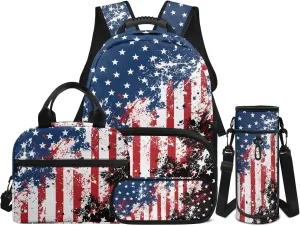 American Flag Backpack for Boys 4 Pack School Bag Rucksack with Reusable Lunch Bag Water Bottle Carrier Bag Pencil Case Set