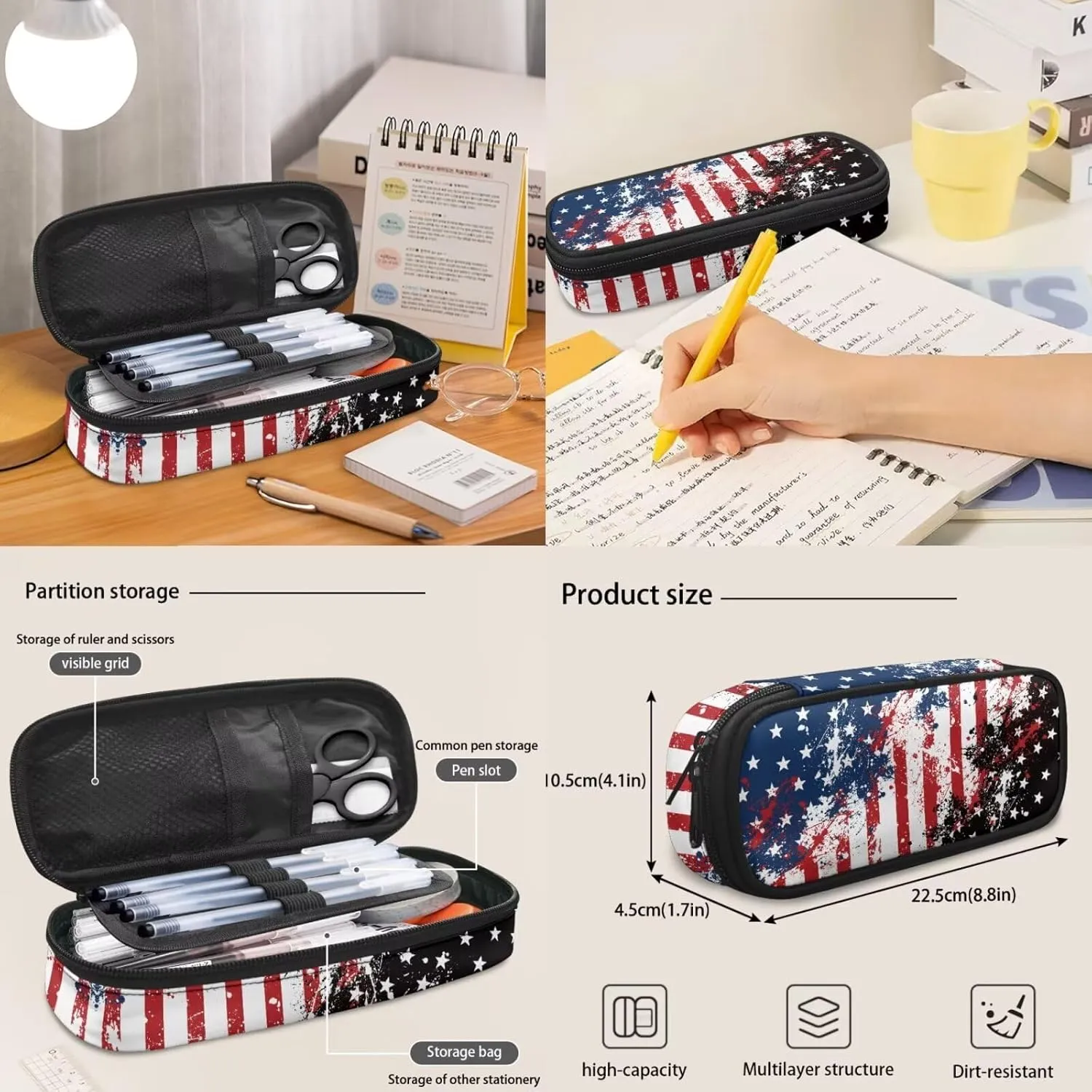 American Flag Backpack for Boys 4 Pack School Bag Rucksack with Reusable Lunch Bag Water Bottle Carrier Bag Pencil Case Set