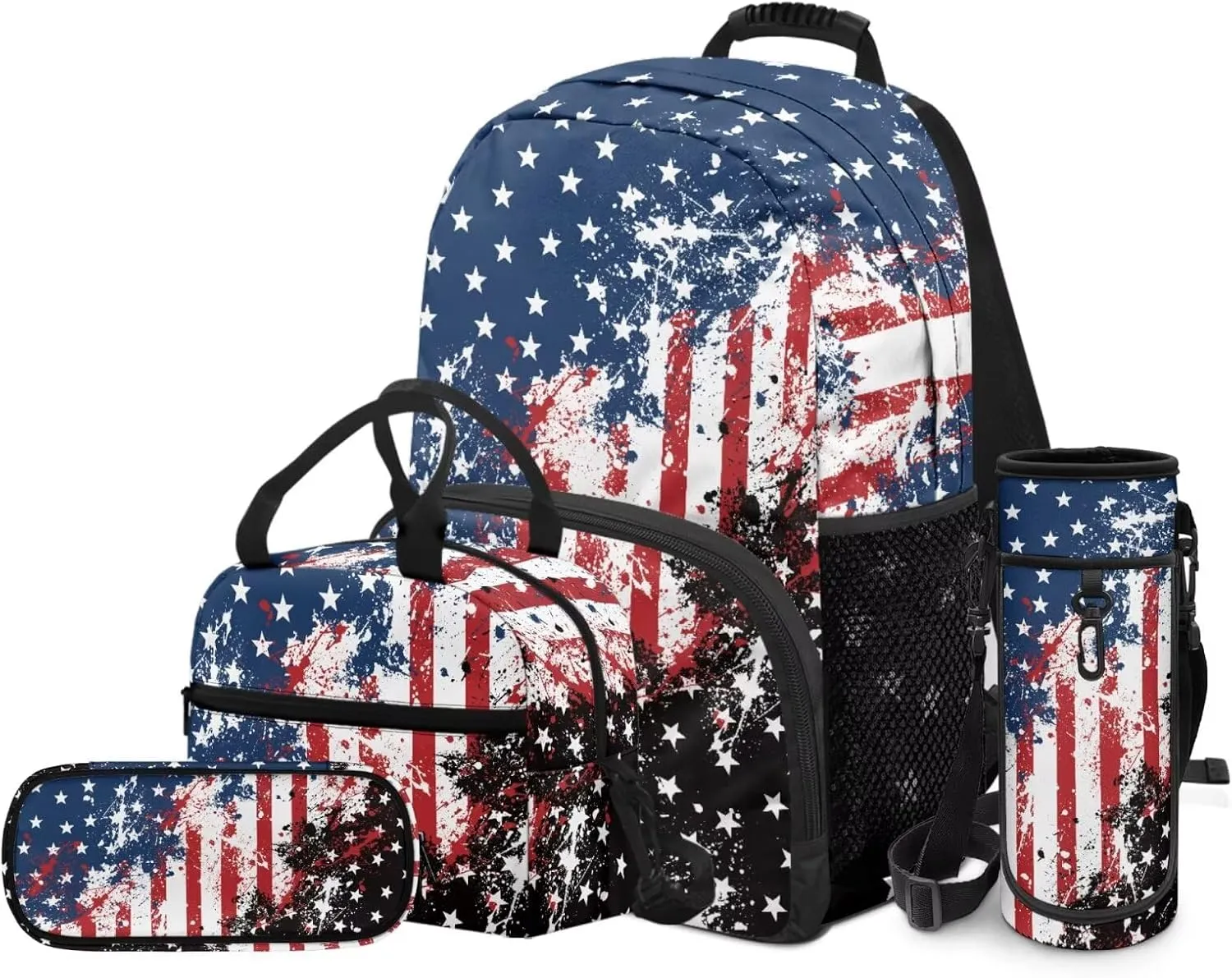 American Flag Backpack for Boys 4 Pack School Bag Rucksack with Reusable Lunch Bag Water Bottle Carrier Bag Pencil Case Set