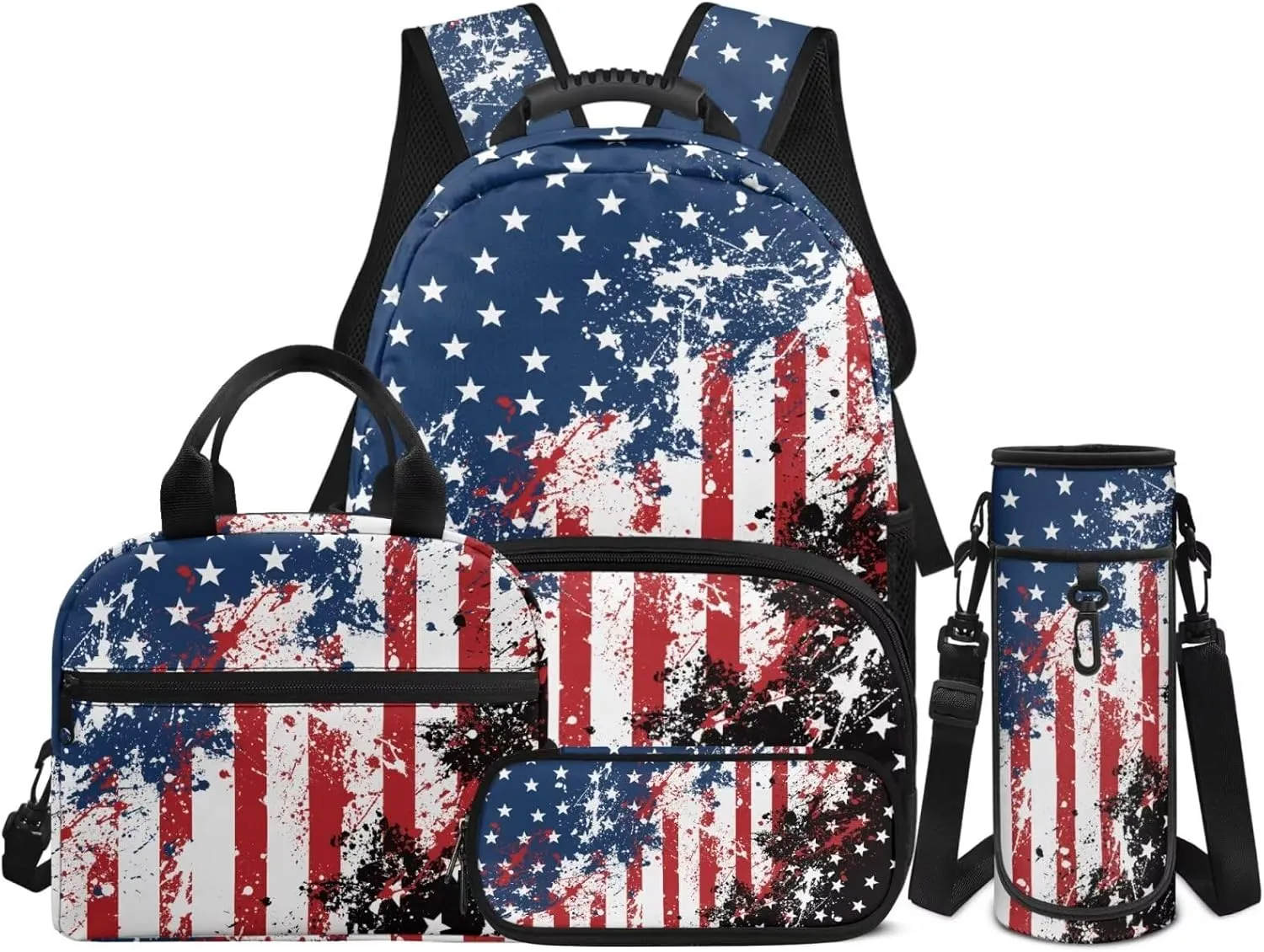 American Flag Backpack for Boys 4 Pack School Bag Rucksack with Reusable Lunch Bag Water Bottle Carrier Bag Pencil Case Set