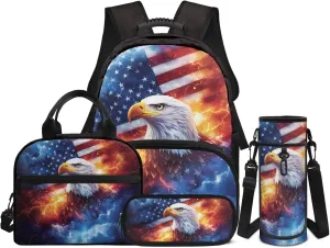 American Flag Backpack for Kids Eagle School Backpacks with Lunch Bag Handbag Pencil Case Water Bottle Sling Bag Elementary Middle School Bookbag Daypack Set