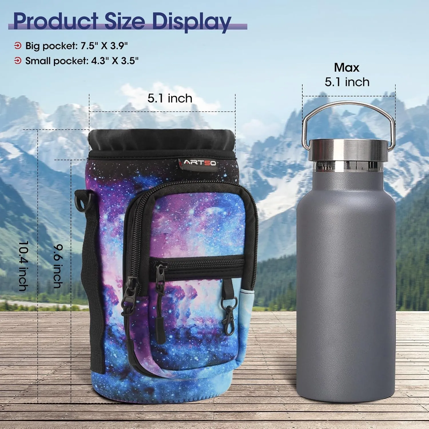 ARTSO Water Bottle Carrier Bag Sling Holder Pouch, 25oz 32oz 40oz 64oz Insulated Water Bottle Sleeve Case Cover with Adjustable Shoulder Hand Strap Pocket for Hiking Camping Travelling, Galaxy