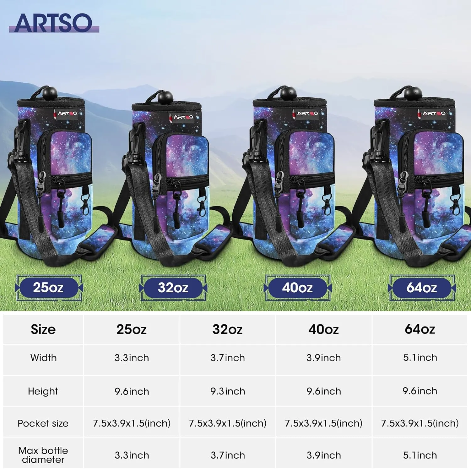 ARTSO Water Bottle Carrier Bag Sling Holder Pouch, 25oz 32oz 40oz 64oz Insulated Water Bottle Sleeve Case Cover with Adjustable Shoulder Hand Strap Pocket for Hiking Camping Travelling, Galaxy