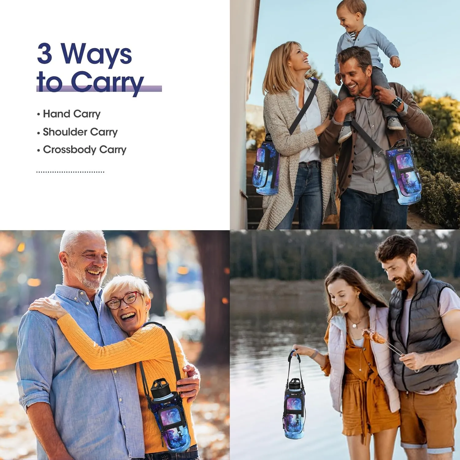 ARTSO Water Bottle Carrier Bag Sling Holder Pouch, 25oz 32oz 40oz 64oz Insulated Water Bottle Sleeve Case Cover with Adjustable Shoulder Hand Strap Pocket for Hiking Camping Travelling, Galaxy