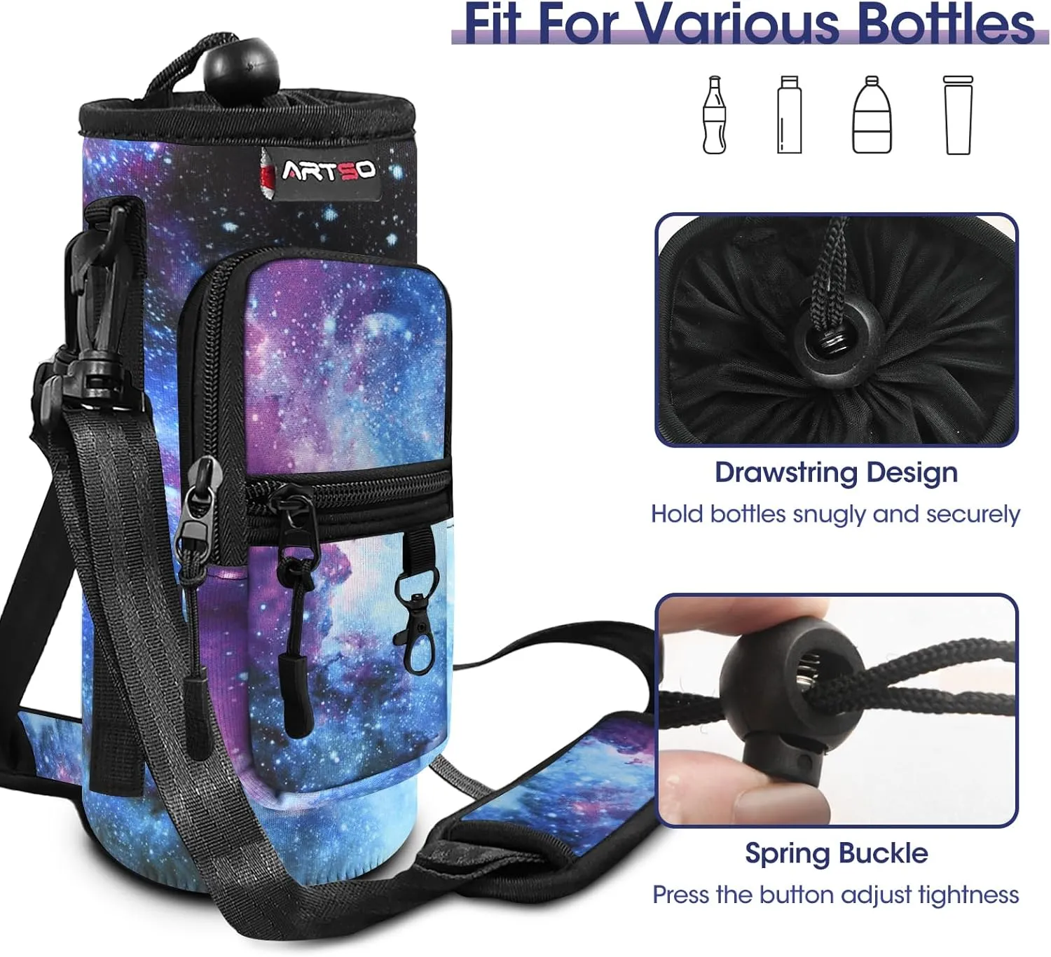 ARTSO Water Bottle Carrier Bag Sling Holder Pouch, 25oz 32oz 40oz 64oz Insulated Water Bottle Sleeve Case Cover with Adjustable Shoulder Hand Strap Pocket for Hiking Camping Travelling, Galaxy