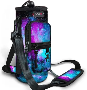 ARTSO Water Bottle Carrier Bag Sling Holder Pouch, 25oz 32oz 40oz 64oz Insulated Water Bottle Sleeve Case Cover with Adjustable Shoulder Hand Strap Pocket for Hiking Camping Travelling, Galaxy
