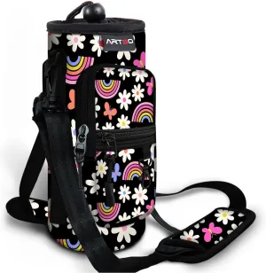 ARTSO Water Bottle Carrier Bag with Phone Pocket, Neoprene Sleeve Water Bottle Holder Sling Bag Pouch with Adjustable Strap 25/32/40/64 oz for Walking Hiking Camping Gym(25oz, Black Rainbow Flowers)