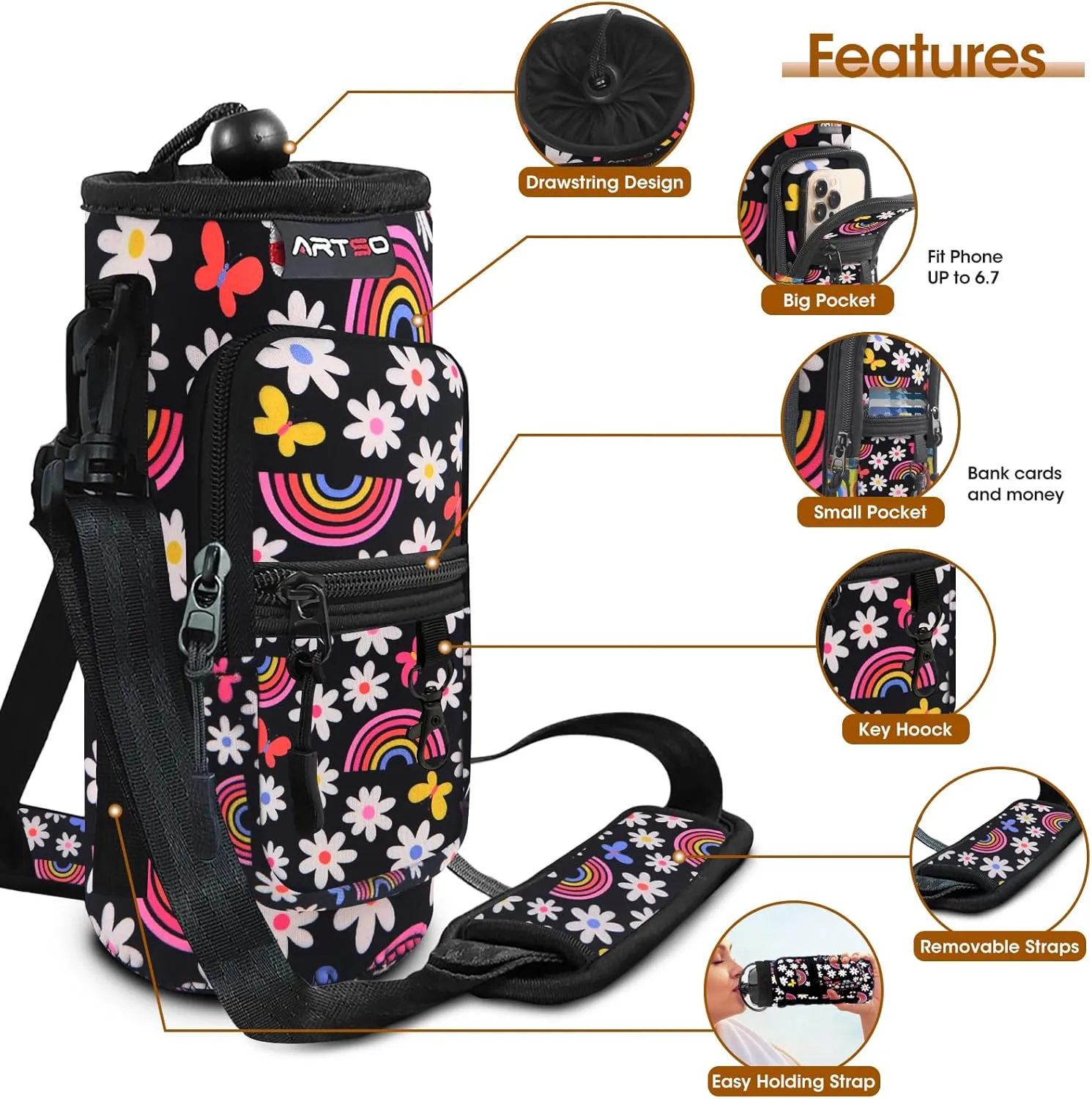 ARTSO Water Bottle Carrier Bag with Phone Pocket, Neoprene Sleeve Water Bottle Holder Sling Bag Pouch with Adjustable Strap 25/32/40/64 oz for Walking Hiking Camping Gym(25oz, Black Rainbow Flowers)