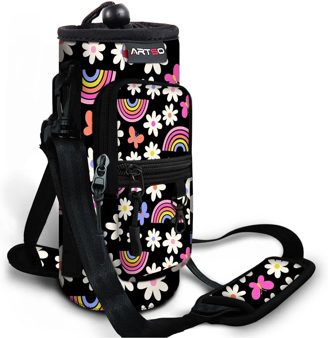 ARTSO Water Bottle Carrier Bag with Phone Pocket, Neoprene Sleeve Water Bottle Holder Sling Bag Pouch with Adjustable Strap 25/32/40/64 oz for Walking Hiking Camping Gym(25oz, Black Rainbow Flowers)