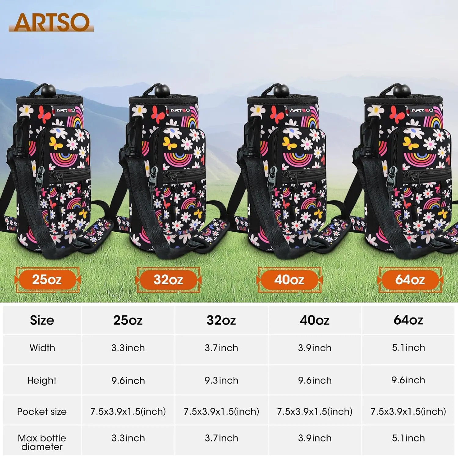 ARTSO Water Bottle Carrier Bag with Phone Pocket, Neoprene Sleeve Water Bottle Holder Sling Bag Pouch with Adjustable Strap 25/32/40/64 oz for Walking Hiking Camping Gym(25oz, Black Rainbow Flowers)