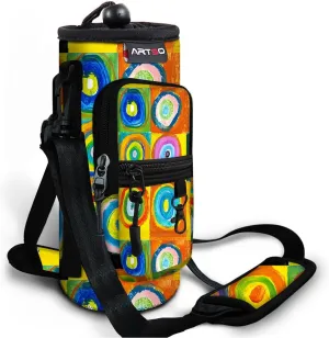 ARTSO Water Bottle Carrier Bag with Phone Pocket, Neoprene Sleeve Water Bottle Holder Sling Bag Pouch with Adjustable Strap 25/32/40/64 oz for Walking Hiking Camping Gym(25oz, Colorful Plaid Circle)