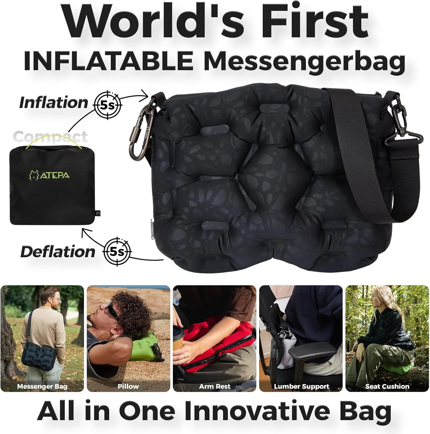ATEPA 4-in-1 Inflatable Pillow, Ultralight Portable Inflatable Seat Cushion Neck & Lumbar Support Crossbody Bag with Zippered Protection, Convertible Strap for Travel Hiking Airplane Backpacking Beach