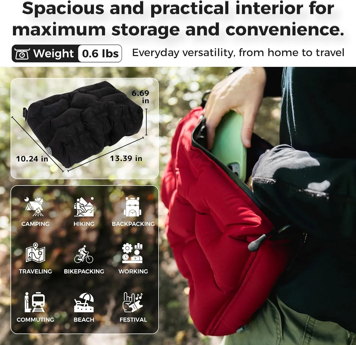 ATEPA 4-in-1 Inflatable Pillow, Ultralight Portable Inflatable Seat Cushion Neck & Lumbar Support Crossbody Bag with Zippered Protection, Convertible Strap for Travel Hiking Airplane Backpacking Beach