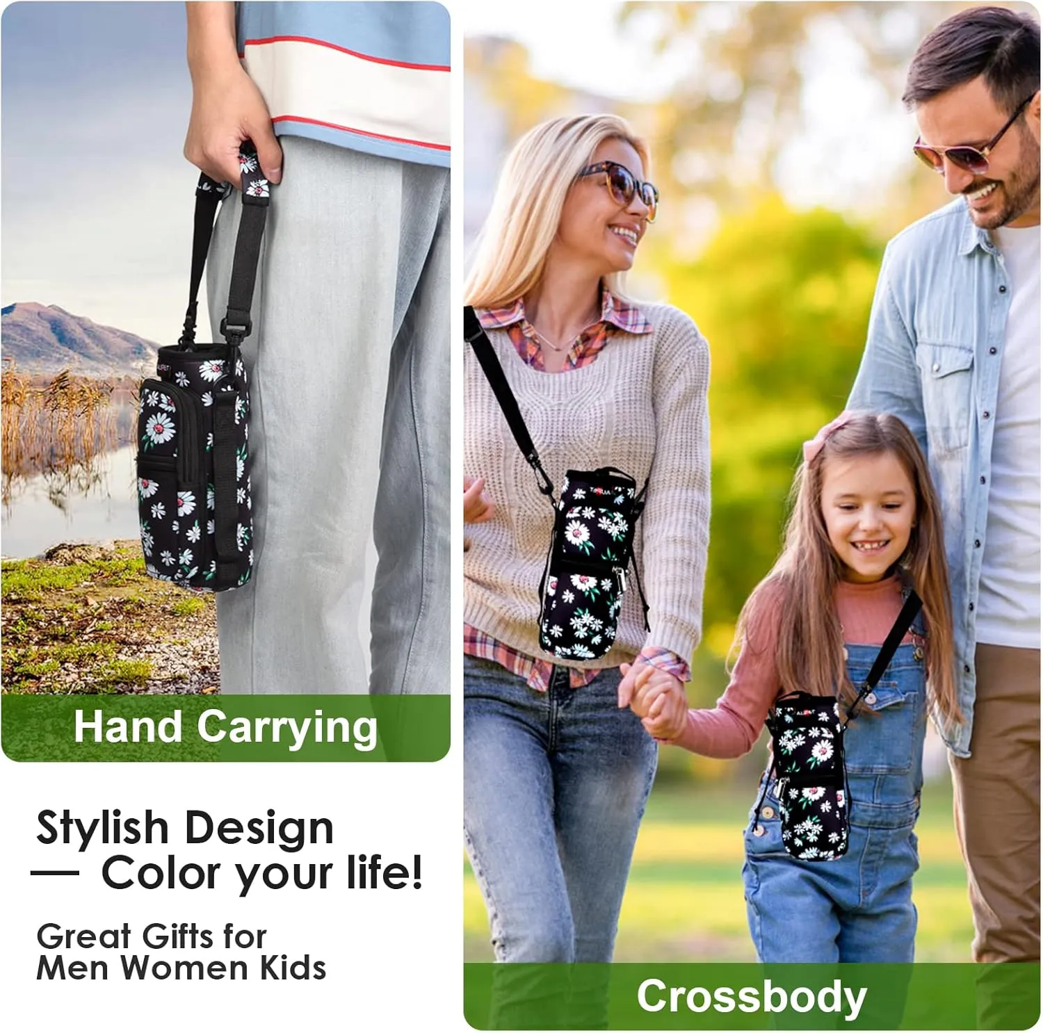 AUPET Water Bottle Sling Bag Sleeve Holder Carrier 25/32/40/64 oz,Insulated Crossbody Water Bottle Case Cover with Strap and Pockets for Men/Women Walking Hiking Camping