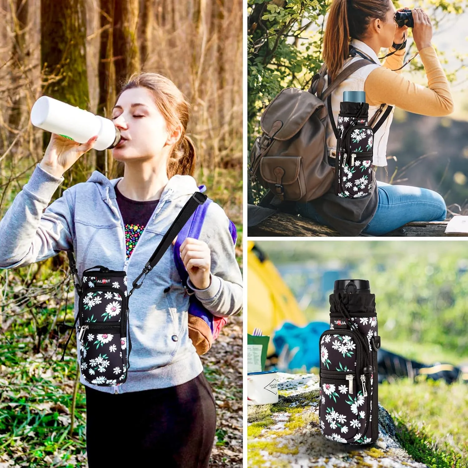 AUPET Water Bottle Sling Bag Sleeve Holder Carrier 25/32/40/64 oz,Insulated Crossbody Water Bottle Case Cover with Strap and Pockets for Men/Women Walking Hiking Camping