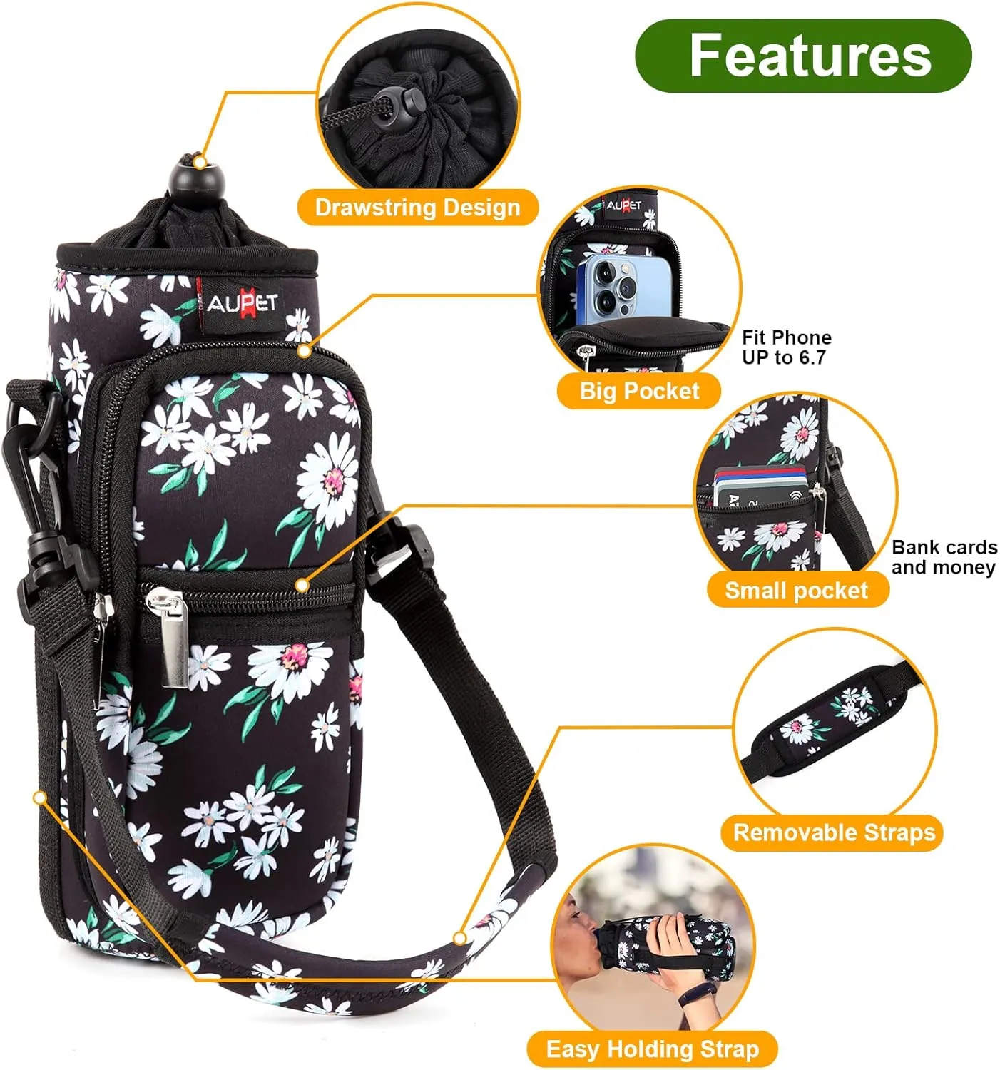 AUPET Water Bottle Sling Bag Sleeve Holder Carrier 25/32/40/64 oz,Insulated Crossbody Water Bottle Case Cover with Strap and Pockets for Men/Women Walking Hiking Camping