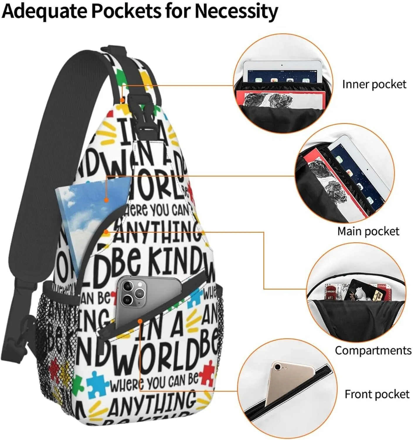 Autism Awareness Sling Bag,Multipurpose Crossbody Backpack Shoulder Chest Bag for Women Men Travel Hiking Daypack