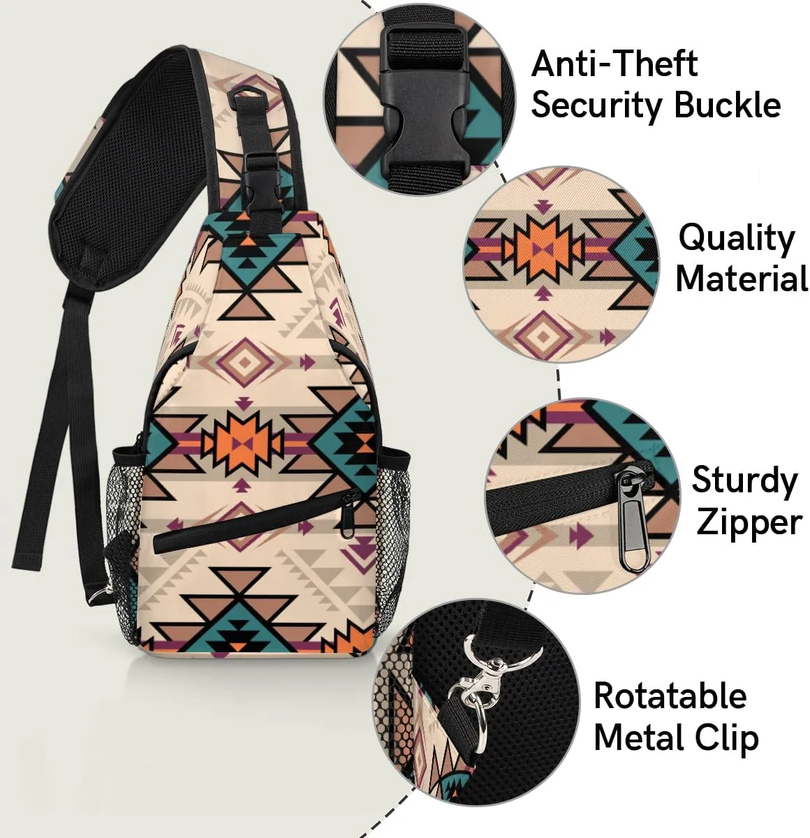Aztec Crossbody Sling Backpack Sling Bag Boho Ethnic Plaid Small Chest Bag for Women Men Outdoor Shoulder Bag Travel Hiking Daypack for Sports Running Cycling Walking