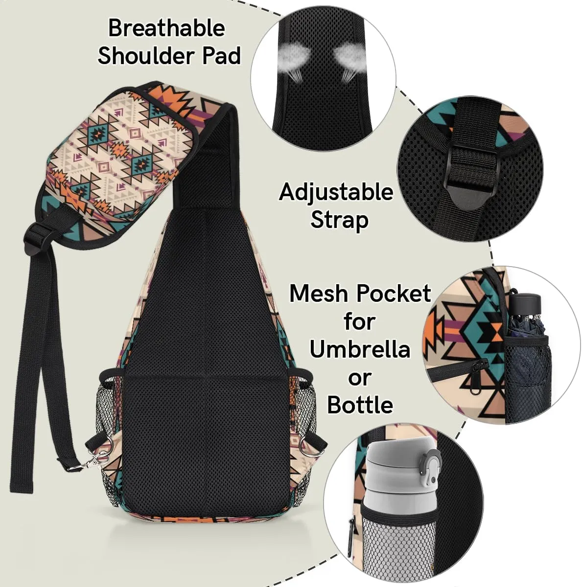 Aztec Crossbody Sling Backpack Sling Bag Boho Ethnic Plaid Small Chest Bag for Women Men Outdoor Shoulder Bag Travel Hiking Daypack for Sports Running Cycling Walking