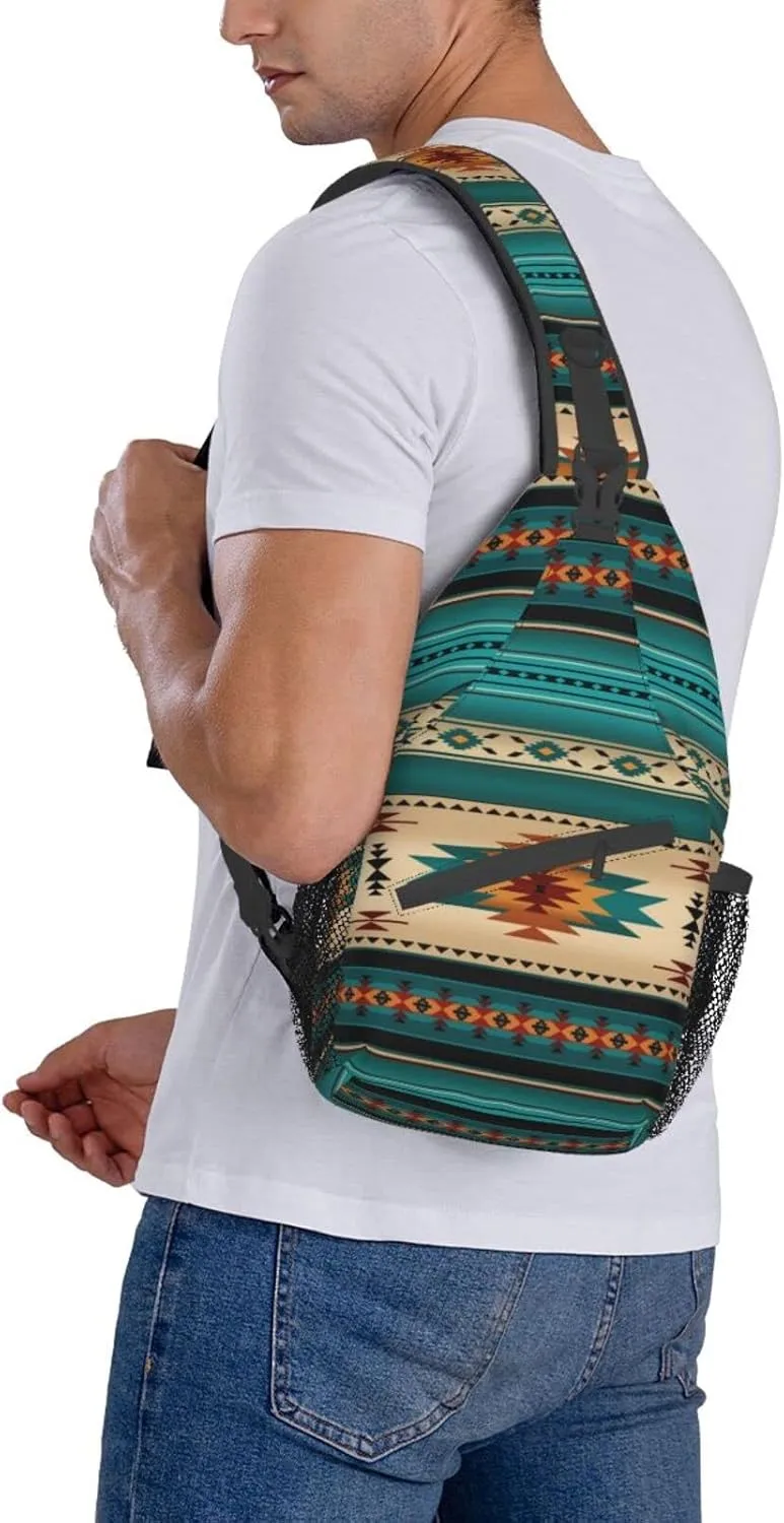 Aztec Ethnic Pattern Design Sling Bag Crossbody Backpack Indiana Western Southwest Native American Turquoise Stripe Travel Hiking Daypack Navajo Print Chest Shoulder Bag
