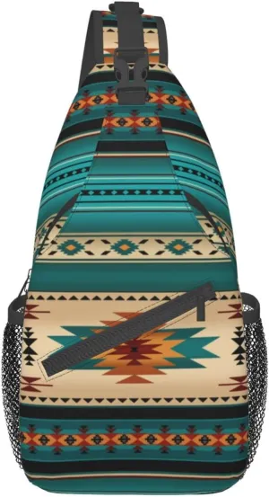 Aztec Ethnic Pattern Design Sling Bag Crossbody Backpack Indiana Western Southwest Native American Turquoise Stripe Travel Hiking Daypack Navajo Print Chest Shoulder Bag