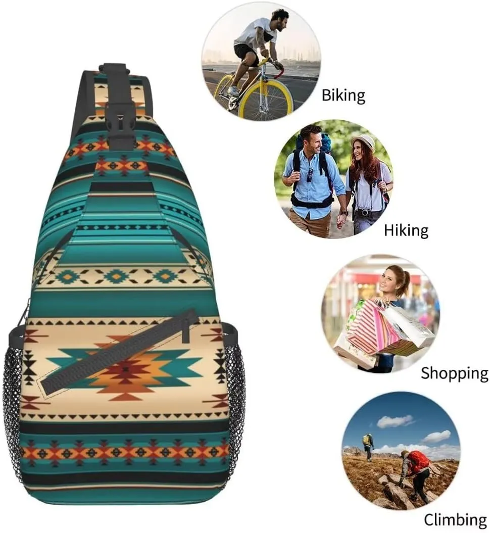 Aztec Ethnic Pattern Design Sling Bag Crossbody Backpack Indiana Western Southwest Native American Turquoise Stripe Travel Hiking Daypack Navajo Print Chest Shoulder Bag