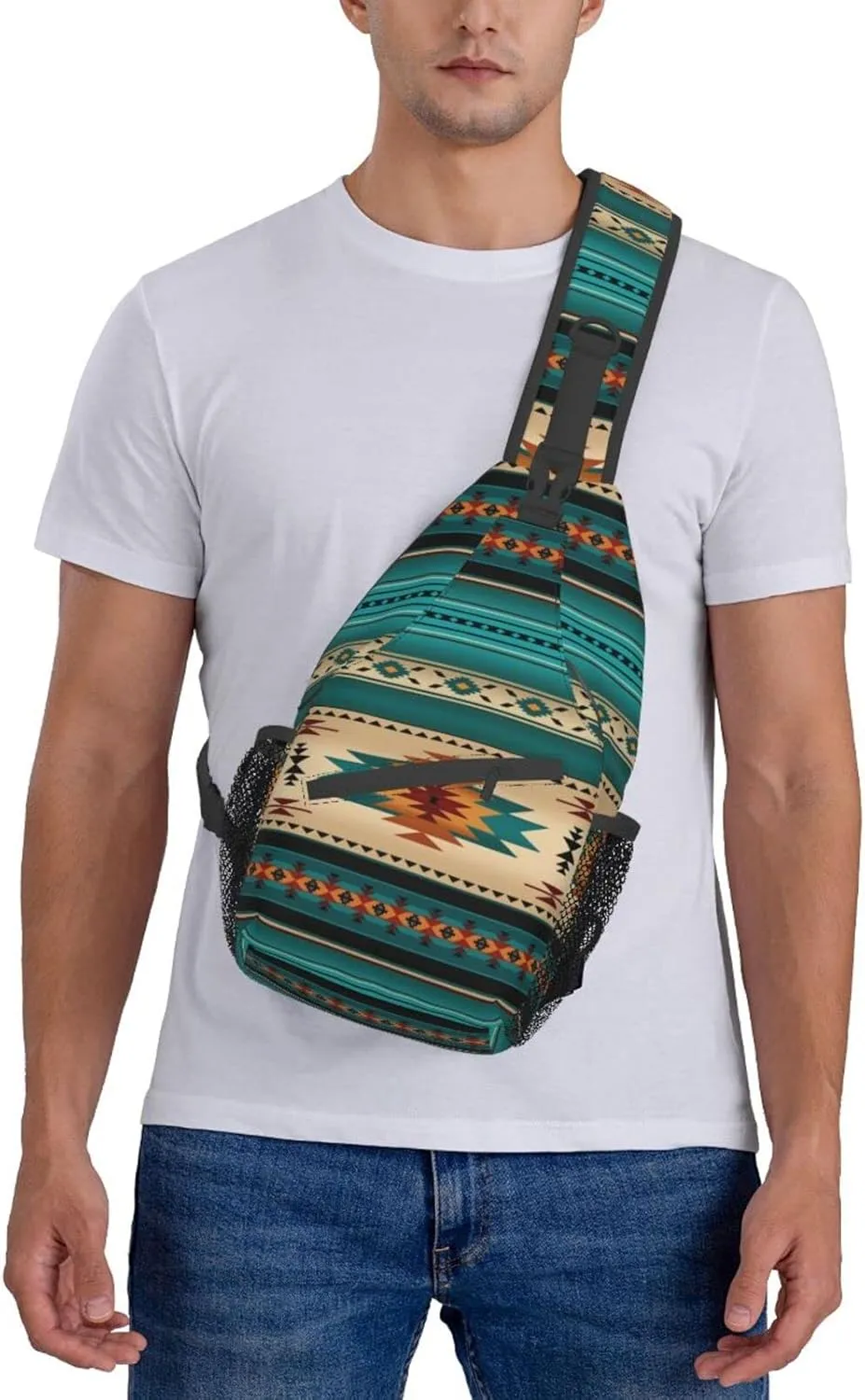 Aztec Ethnic Pattern Design Sling Bag Crossbody Backpack Indiana Western Southwest Native American Turquoise Stripe Travel Hiking Daypack Navajo Print Chest Shoulder Bag