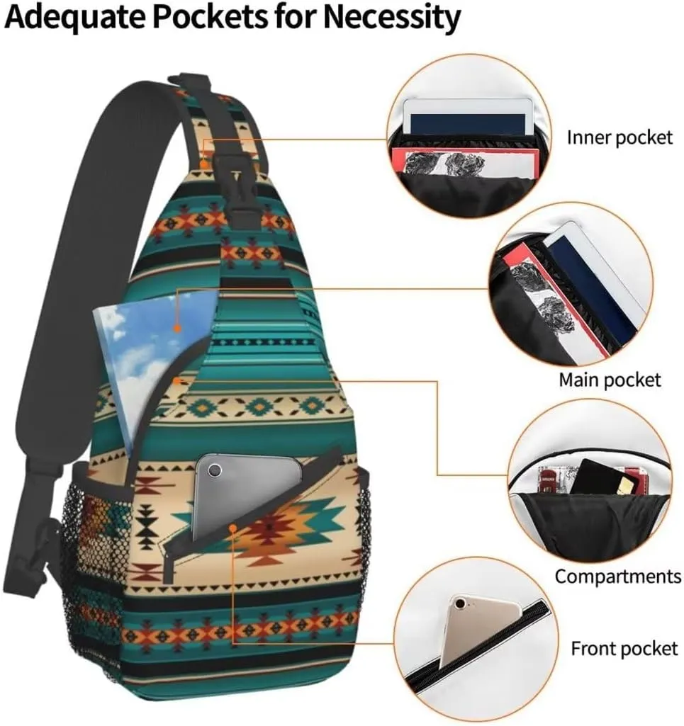 Aztec Ethnic Pattern Design Sling Bag Crossbody Backpack Indiana Western Southwest Native American Turquoise Stripe Travel Hiking Daypack Navajo Print Chest Shoulder Bag