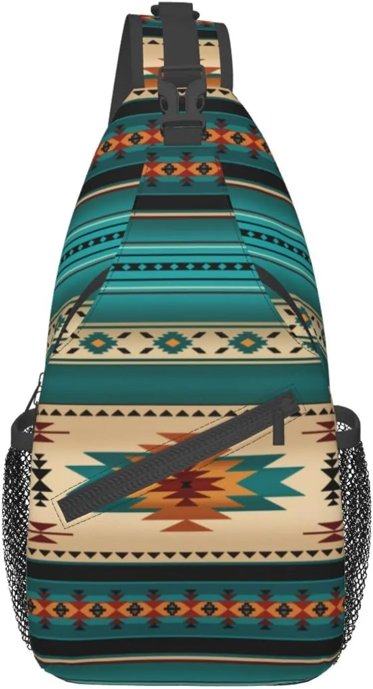 Aztec Ethnic Pattern Design Sling Bag Crossbody Backpack Indiana Western Southwest Native American Turquoise Stripe Travel Hiking Daypack Navajo Print Chest Shoulder Bag