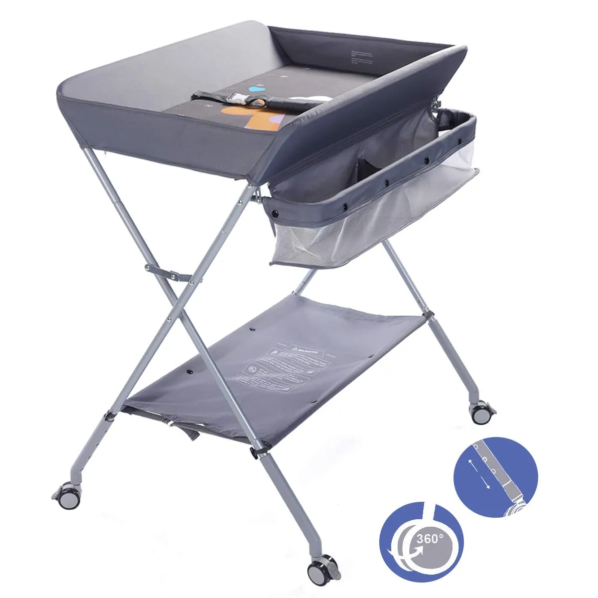Baby Changing Table Portable Folding Diaper Changing Station with Wheels, Adjustable Height Mobile Nursery Organizer with Safety Belt and Large Storage Racks for Newborn Baby and Infant, Gray