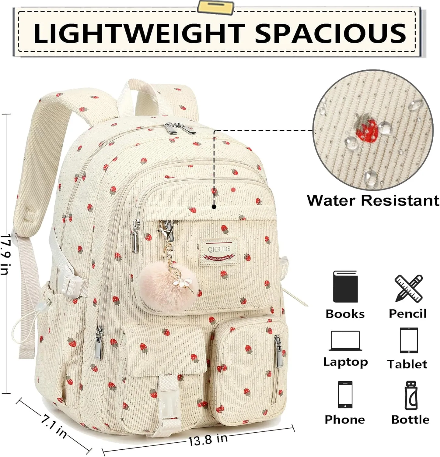 Backpack for Girls Big Student Corduroy Laptop Backpack for College Kids Elementary Middle High School Bag Anti Theft Bookbag Travel Daypack Womens(Corduroy Beige Strawberries)