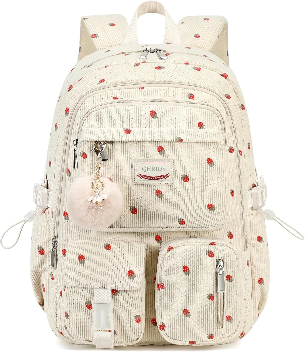 Backpack for Girls Big Student Corduroy Laptop Backpack for College Kids Elementary Middle High School Bag Anti Theft Bookbag Travel Daypack Womens(Corduroy Beige Strawberries)
