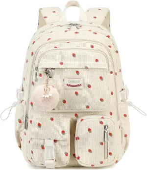 Backpack for Girls Big Student Corduroy Laptop Backpack for College Kids Elementary Middle High School Bag Anti Theft Bookbag Travel Daypack Womens(Corduroy Beige Strawberries)