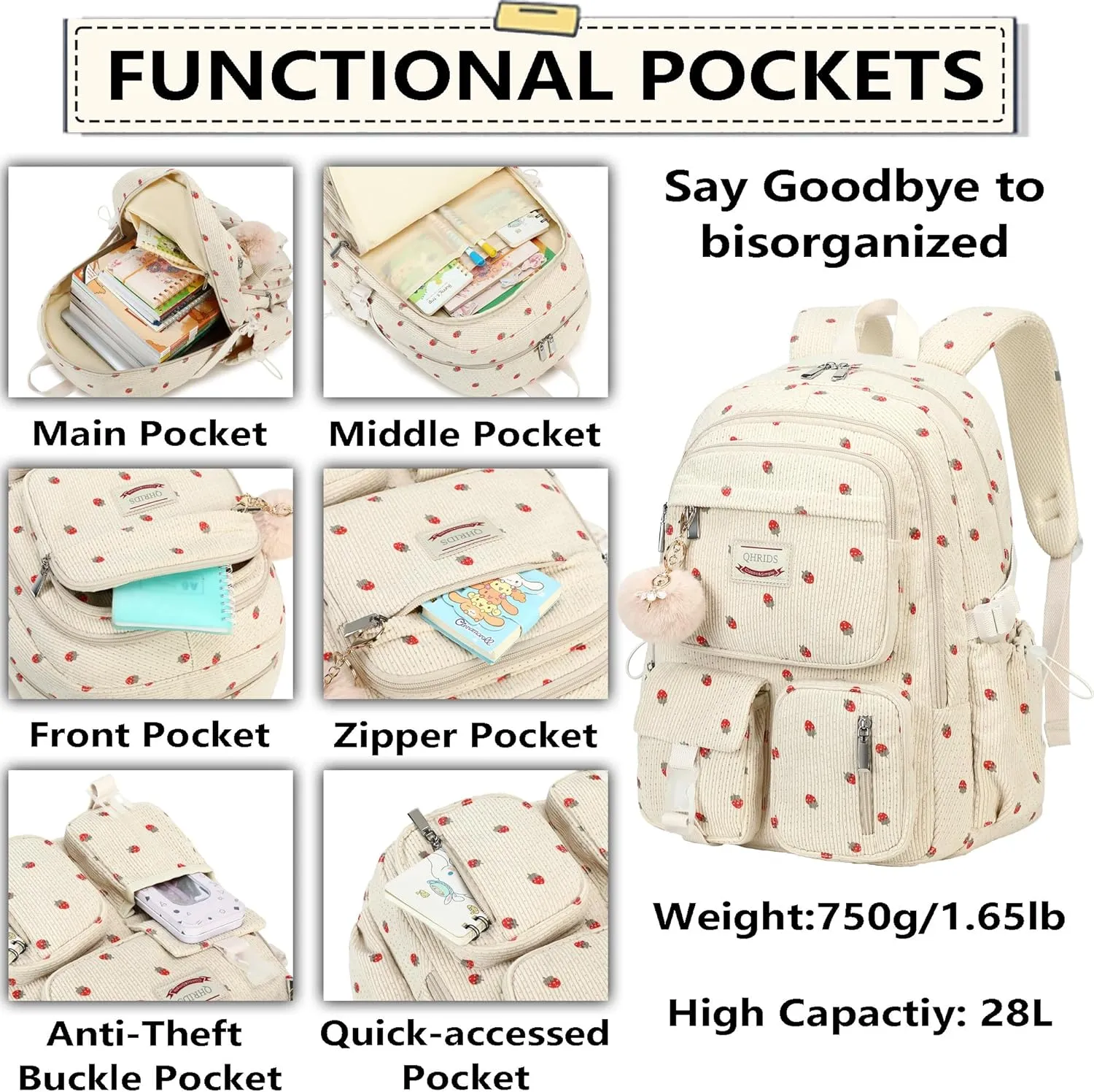 Backpack for Girls Big Student Corduroy Laptop Backpack for College Kids Elementary Middle High School Bag Anti Theft Bookbag Travel Daypack Womens(Corduroy Beige Strawberries)