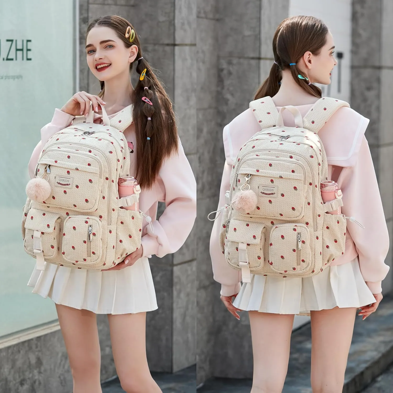 Backpack for Girls Big Student Corduroy Laptop Backpack for College Kids Elementary Middle High School Bag Anti Theft Bookbag Travel Daypack Womens(Corduroy Beige Strawberries)
