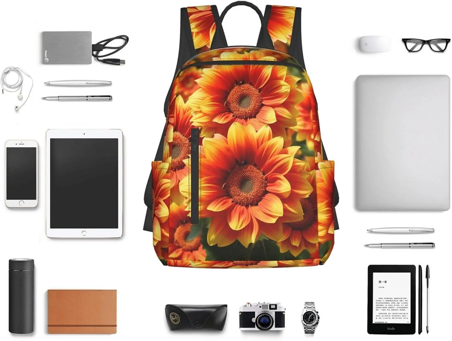 Backpack Orange Sunflower Travel Casual Laptop Backpack Adjustable Hiking Daypack for Men Women