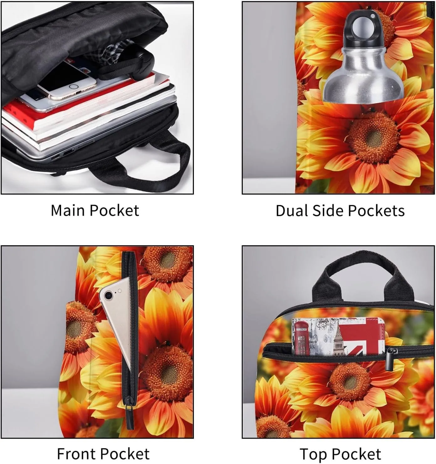 Backpack Orange Sunflower Travel Casual Laptop Backpack Adjustable Hiking Daypack for Men Women
