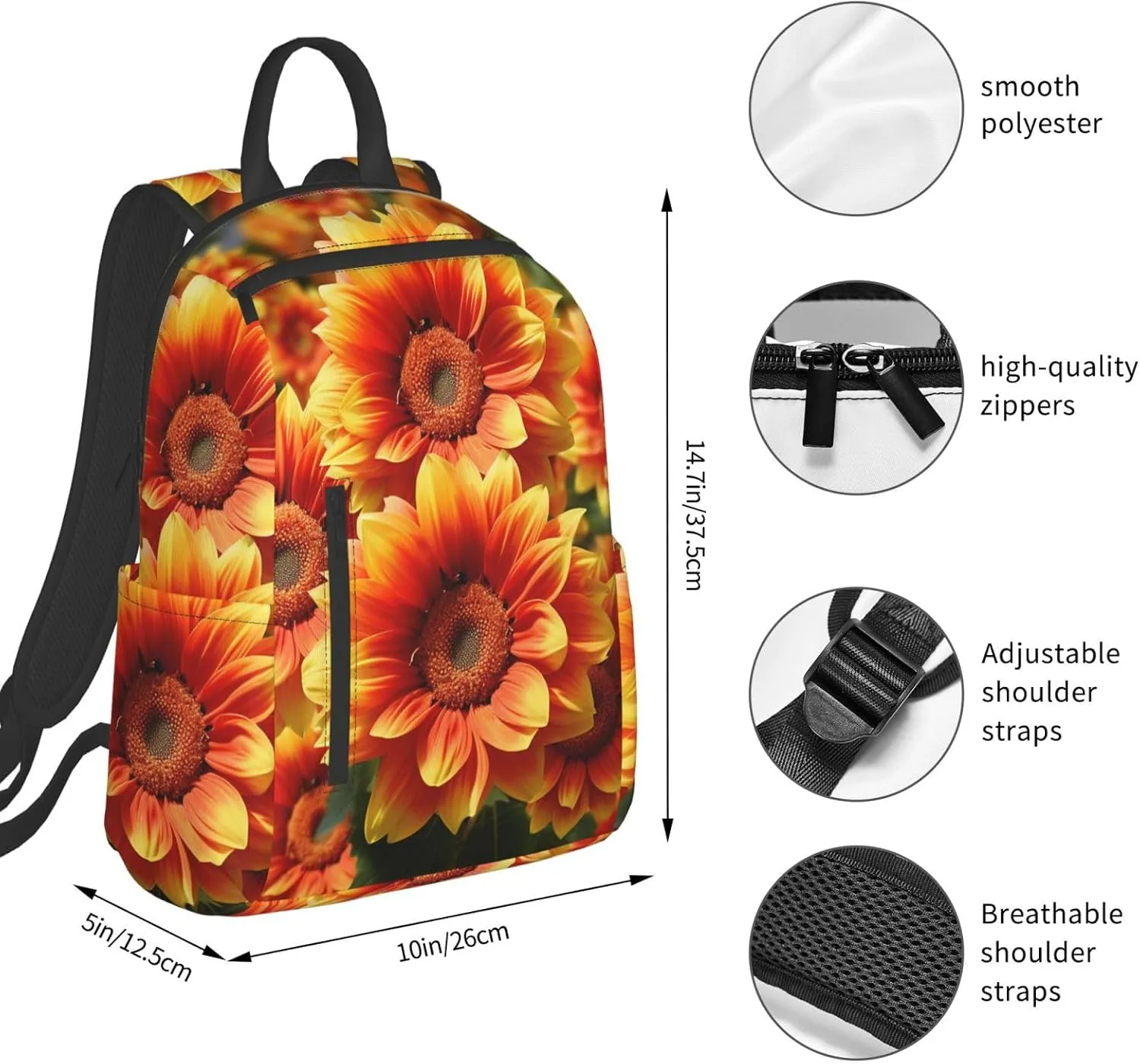 Backpack Orange Sunflower Travel Casual Laptop Backpack Adjustable Hiking Daypack for Men Women